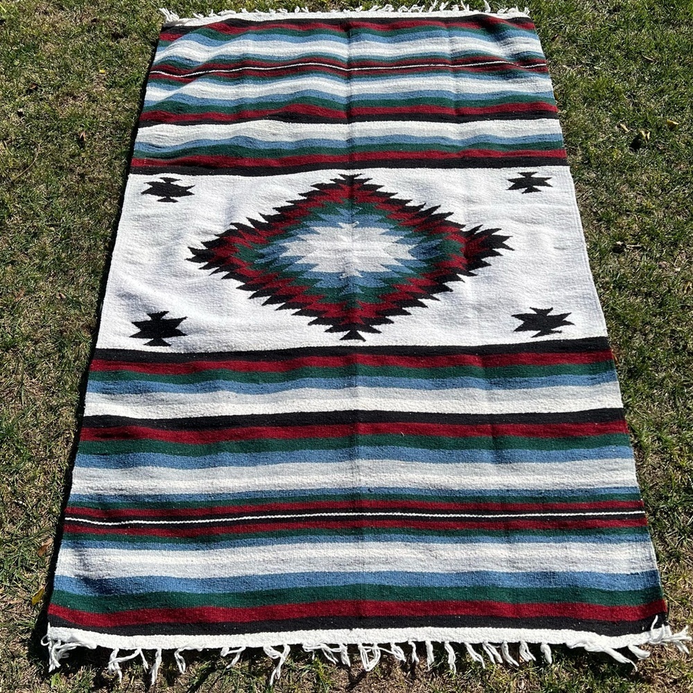 Mexican Woven Diamond Serape Fringed Blanket Rug Blue Red Green 46x71‎ GUC